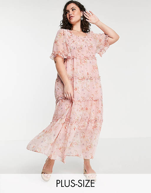 Simply Be chiffon tiered maxi dress with shirred detail in pink floral print