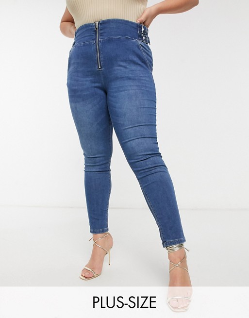 Simply Be Chloe skinny jeans with buckle detail in blue