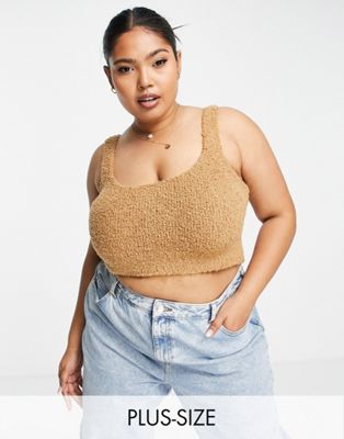 Simply Be co-ord fluffy crop top in tan