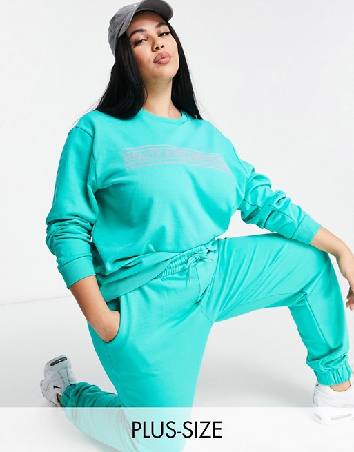 Simply Be co-ord health and wellbeing slogan sweatshirt in teal