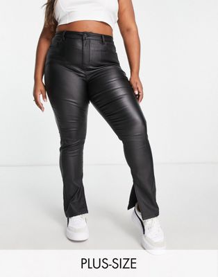 Simply Be coated skinny jeans with split front in black