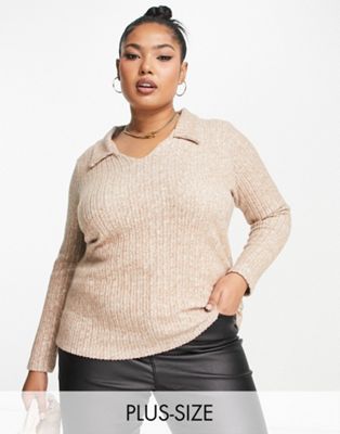 Simply Be collared long sleeve top in camel