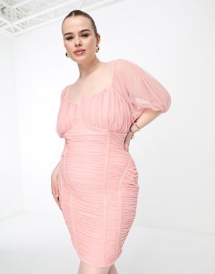 Simply Be contour bodycon mini dress with puff sleeves in blush pink