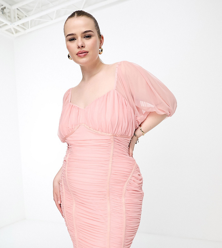 Simply Be contour bodycon mini dress with puff sleeves in blush pink