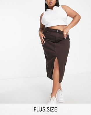 Simply Be cord denim midi skirt with split front in chocolate