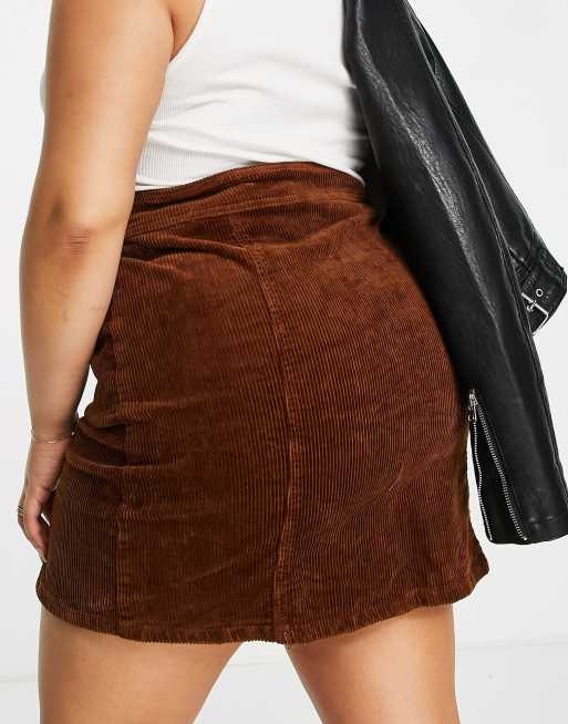 Simply Be cord zip front mini skirt in brown