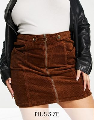 Simply Be cord zip front mini skirt in tan