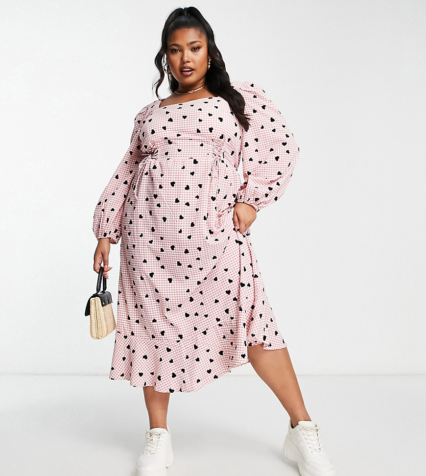 Simply Be corset detail square neck midi dress in pink heart print