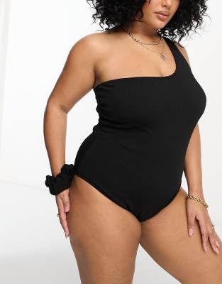 Simply Be Simply Be crinkle one shoulder swimsuit with matching scrunchie in black