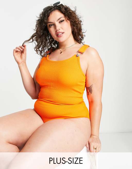 Simply Be Crinkle Swimsuit In Bright Orange