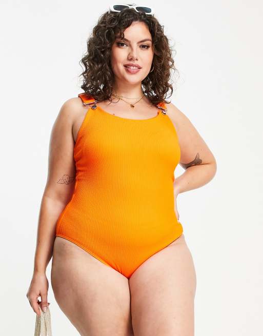 Simply Be Crinkle Swimsuit In Bright Orange