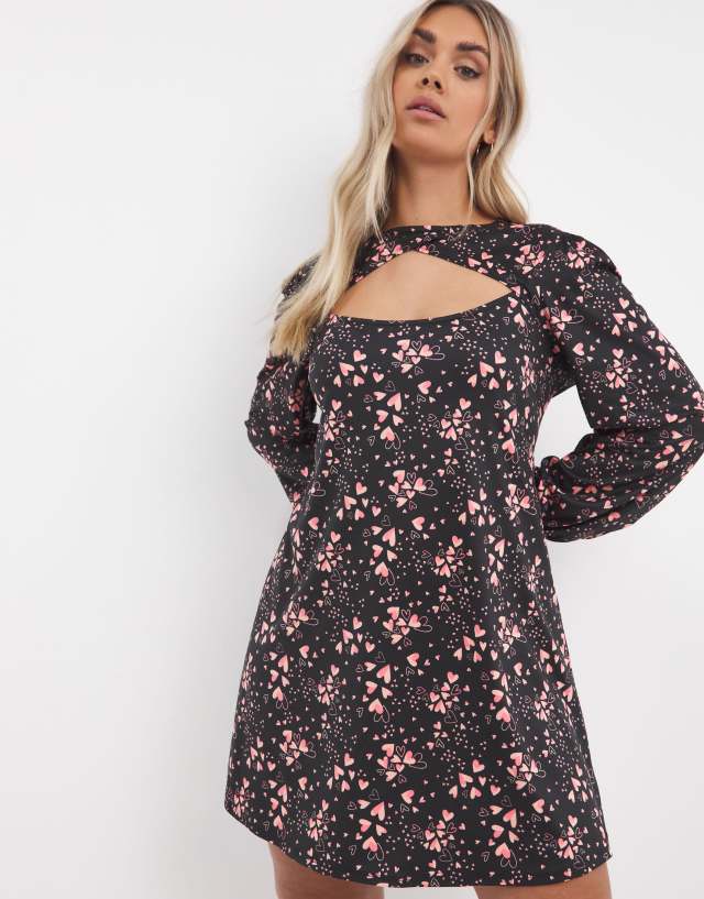 Simply Be cut-out long sleeve heart print mini dress in black