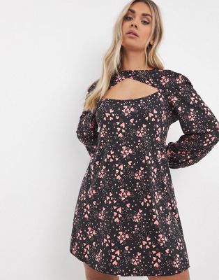 Simply Be cut out long sleeved heart print mini dress in black - ASOS Price Checker