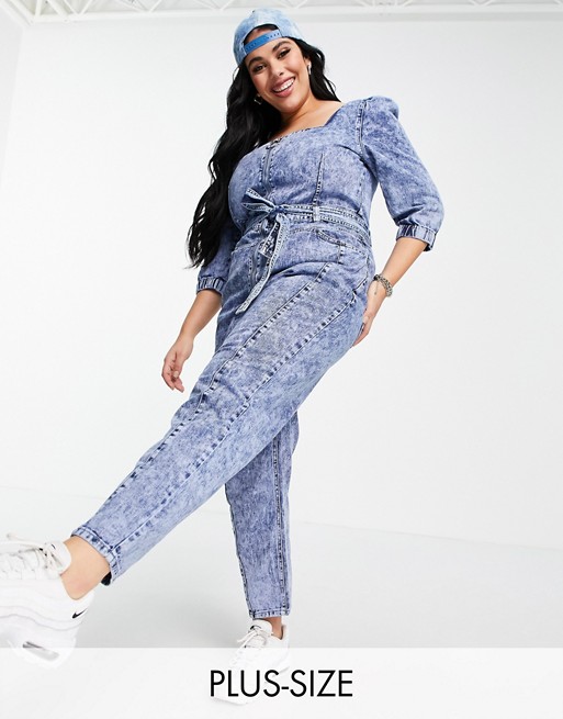 Simply Be denim jumpsuit with tie waist in blue