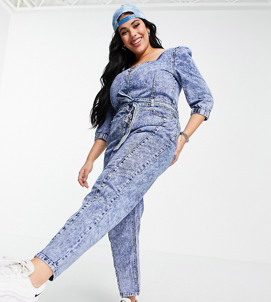 Simply Be denim jumpsuit with tie waist in blue-Blues