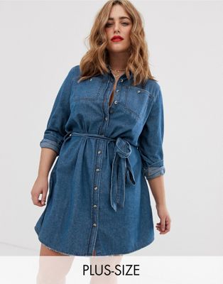 Simply Be denim shirt dress with belted waist in blue | ASOS