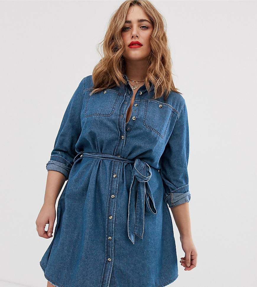 Simply Be denim shirt dress with belted waist in blue