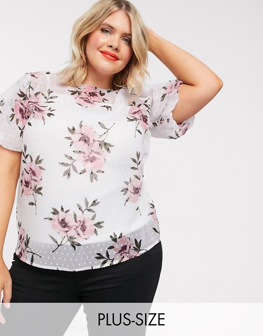 Simply Be dobby mesh puff sleeve top in floral print