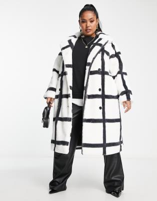 Simply Be double breasted faux fur coat in mono check-Multi