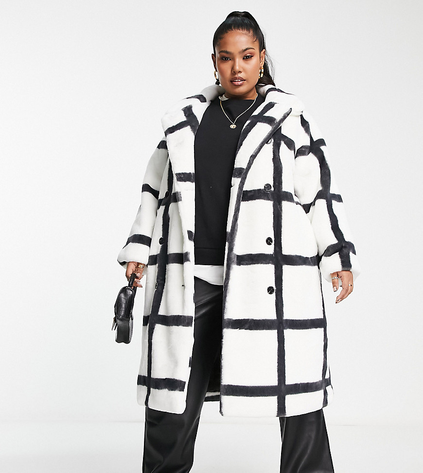 Simply Be double breasted faux fur coat in mono check-Multi