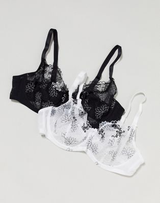 Simply Be embroidered floral 2 pack bra in black and white
