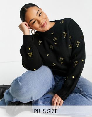 Simply Be embroidered lightning bolt jumper in black - ASOS Price Checker