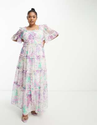 Simply Be exclusive chiffon tiered maxi dress in purple floral