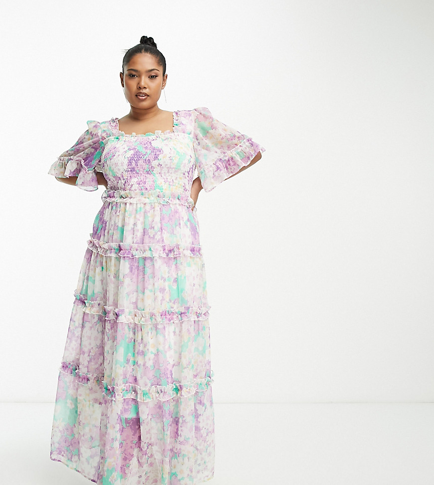 Simply Be exclusive chiffon tiered maxi dress in purple floral