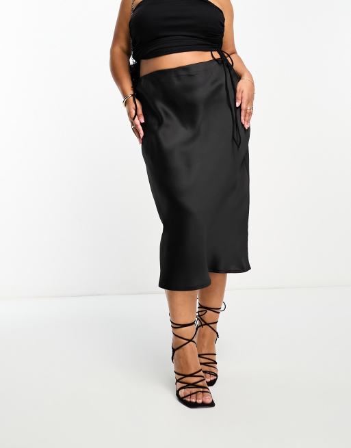 Simply Be Exclusive satin slip midi skirt in black ASOS