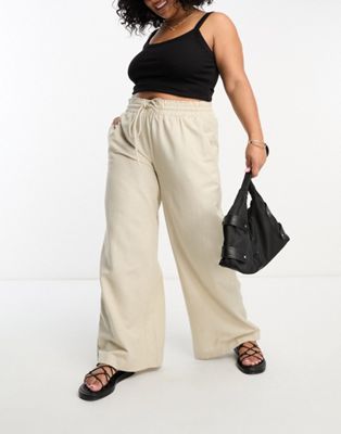 Simply Be exclusive tie waist linen look wide leg trouser in stone-Neutral