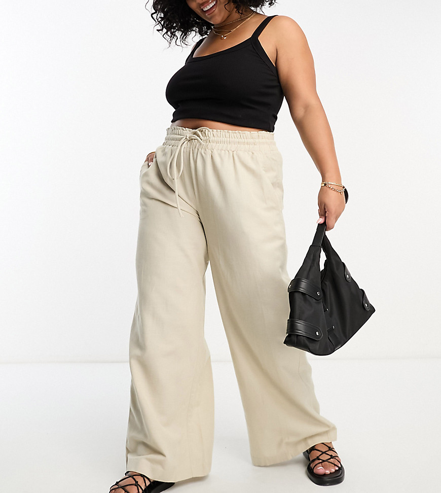 Simply Be exclusive tie waist linen look wide leg trouser in stone-Neutral