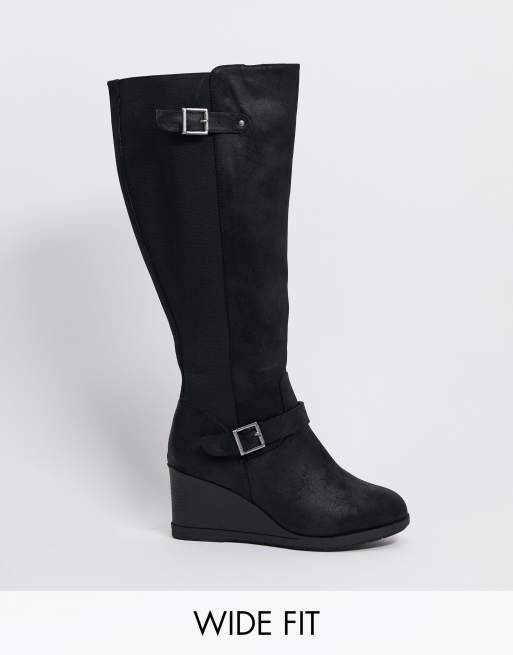 Simply Be extra wide fit buckle detail knee boots with curvy calf in black