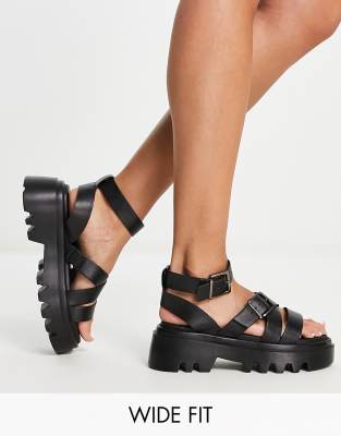 watch me flower embroidered black buckle chunky cleated sole sandals