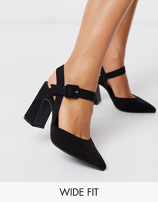 Simply Be Extra Wide Fit court shoe with flared heel in black | ASOS