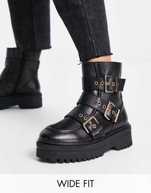 Simply Be Extra Wide Fit – Czarne skórzane buty do kostki na płaskiej podeszwie z paskiem z klamrą