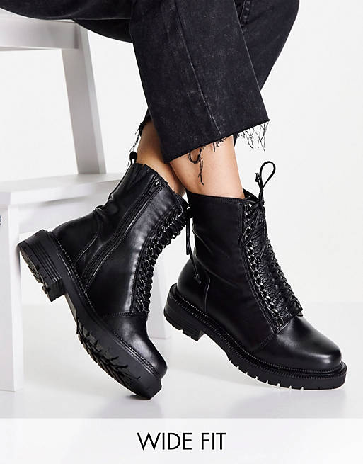 Simply Be Extra Wide Fit flat lace up chunky boot in black 