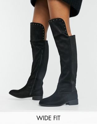 Simply Be extra wide fit knee high flat boot in black | ASOS