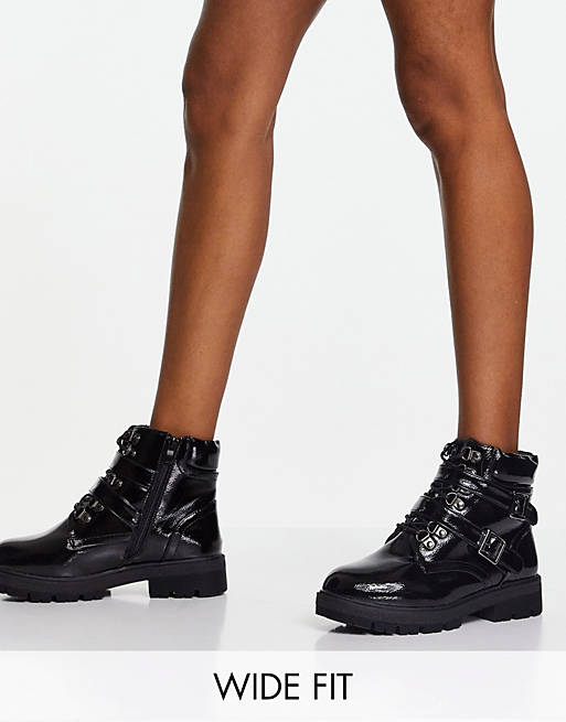  Boots/Simply Be Extra Wide Fit lace up flat ankle boots with buckle detail in black 