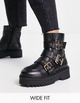 Simply Be Extra Wide Fit Leather Flat Ankle Boots With Buckle Strap Detail In Black