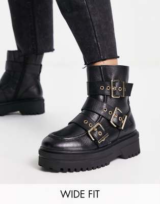 Simply Be Extra Wide Fit leather flat ankle boots with buckle strap detail in black