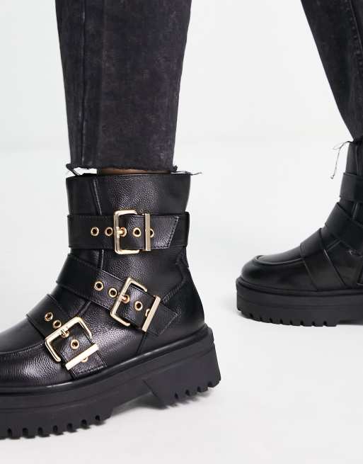 Simply Be Extra Wide Fit leather flat ankle boots with buckle strap detail  in black