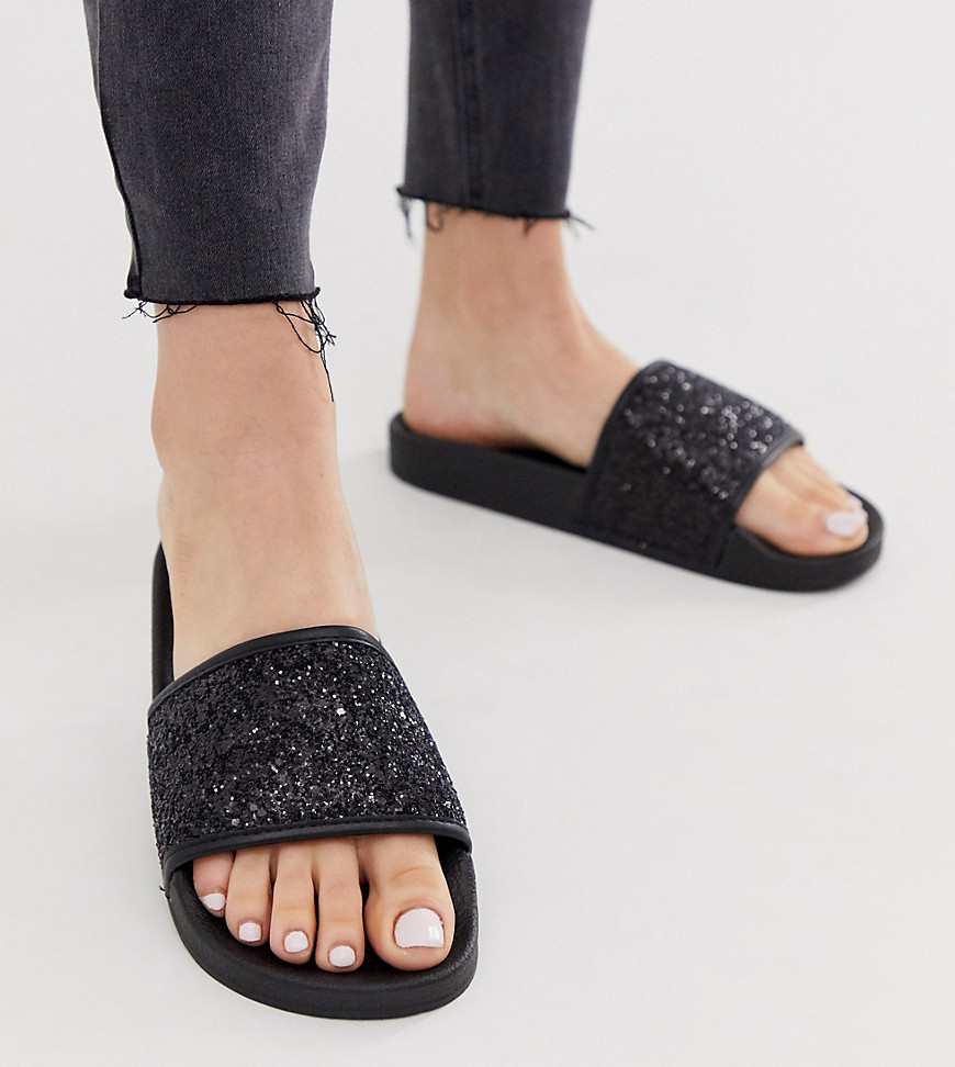 Simply Be extra wide fit - Slippers met glitter in zwart-Multi