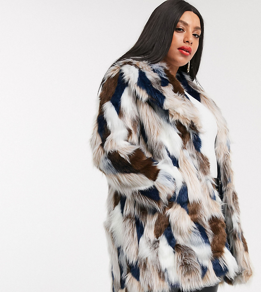 Simply Be faux fur patchwork coat-Multi
