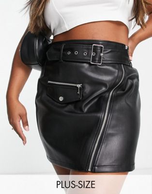 Simply Be faux leather belted zip through mini skirt in black