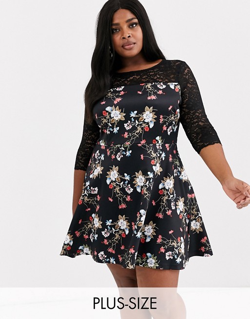 Simply Be floral skater dress with lace detail