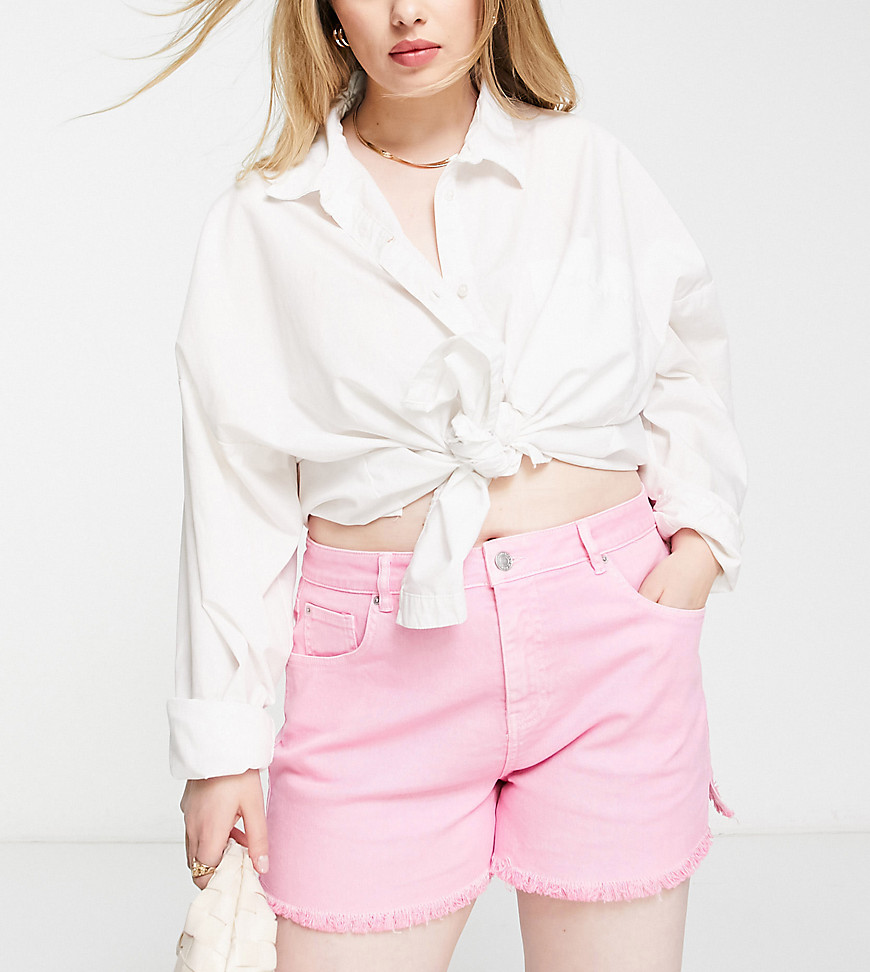 Simply Be frayed hem denim shorts in candy pink