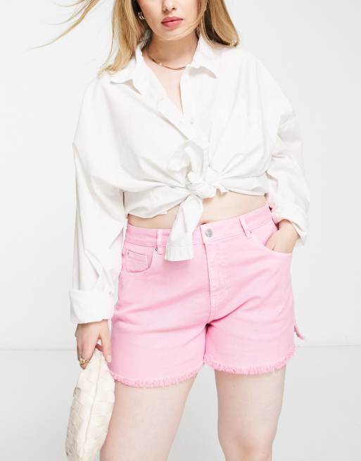 Simply Be frayed hem denim shorts in candy pink ASOS