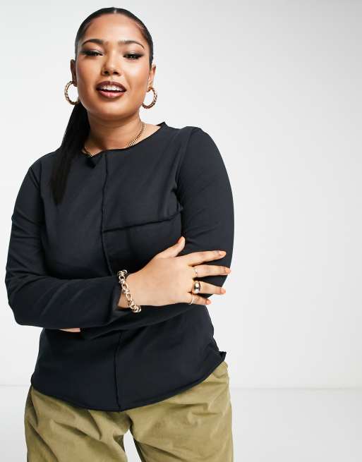 Simply Be frill edge long sleeve t shirt in black ASOS