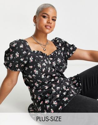 Simply Be frill hem corset sweetheart neck floral top in black