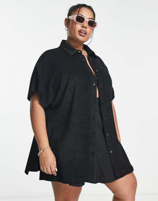 Simply Be – Frottee-Strandhemd in Schwarz, Kombiteil
